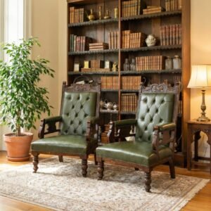 Poltrone vittoriane (coppia) in pelle verde