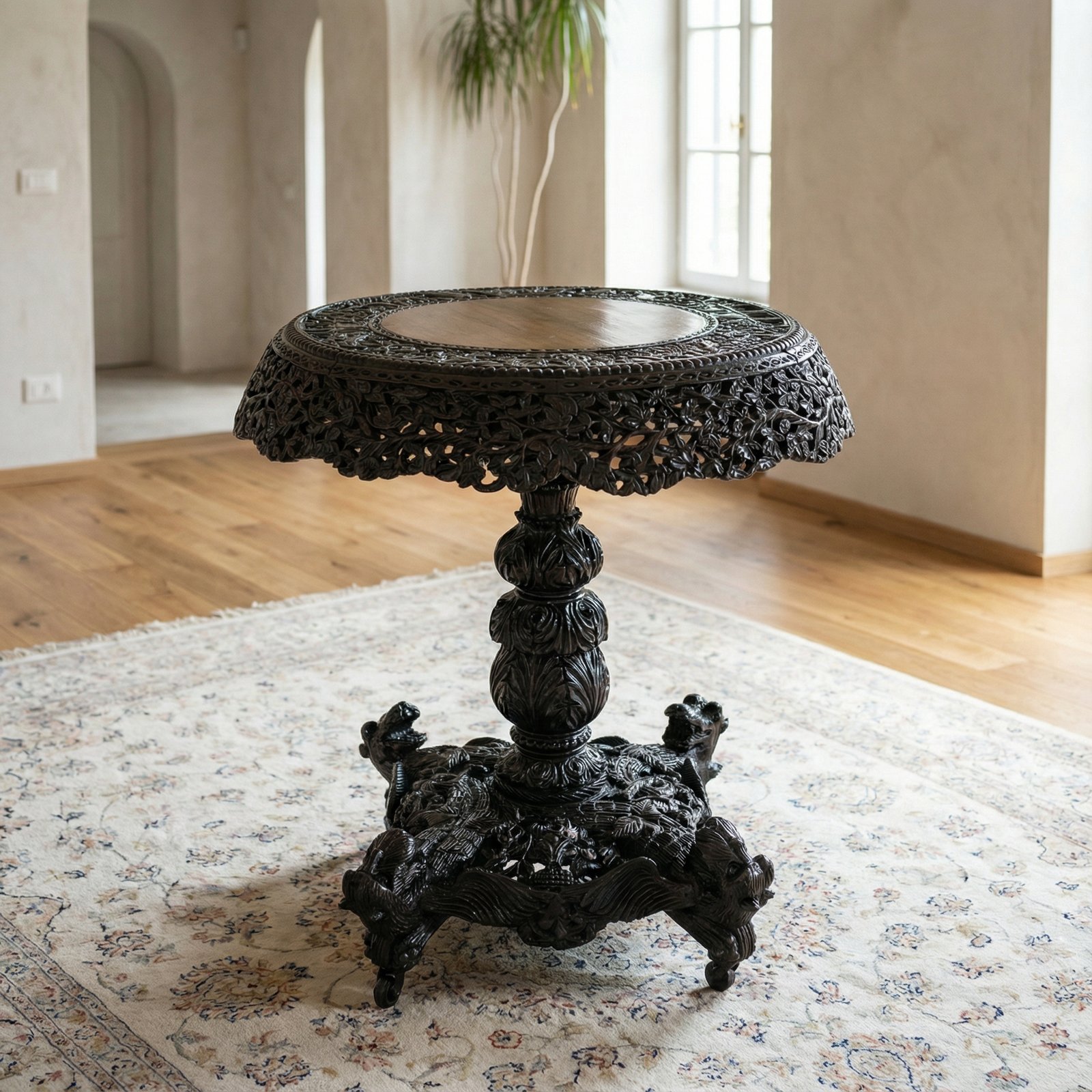 Tavolo rotondo riccamente intagliato