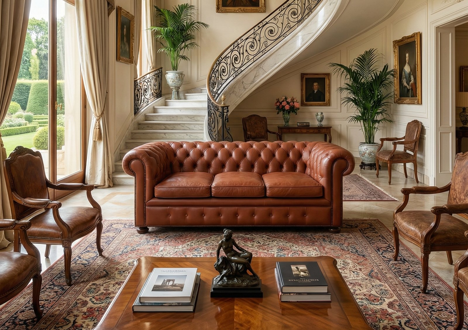 Divano Chesterfield 3 posti in pelle color cognac