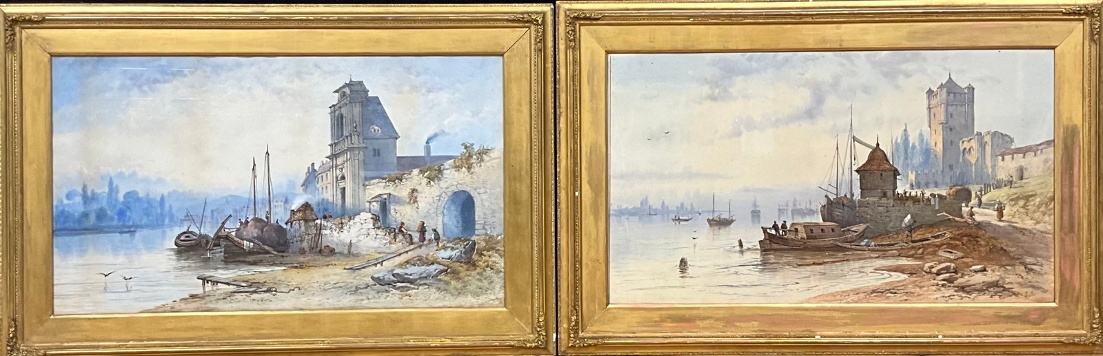 Coppia di vedute portuali, Scuola Continentale (XIX secolo) - 68,5x119,5 cm - immagine 2