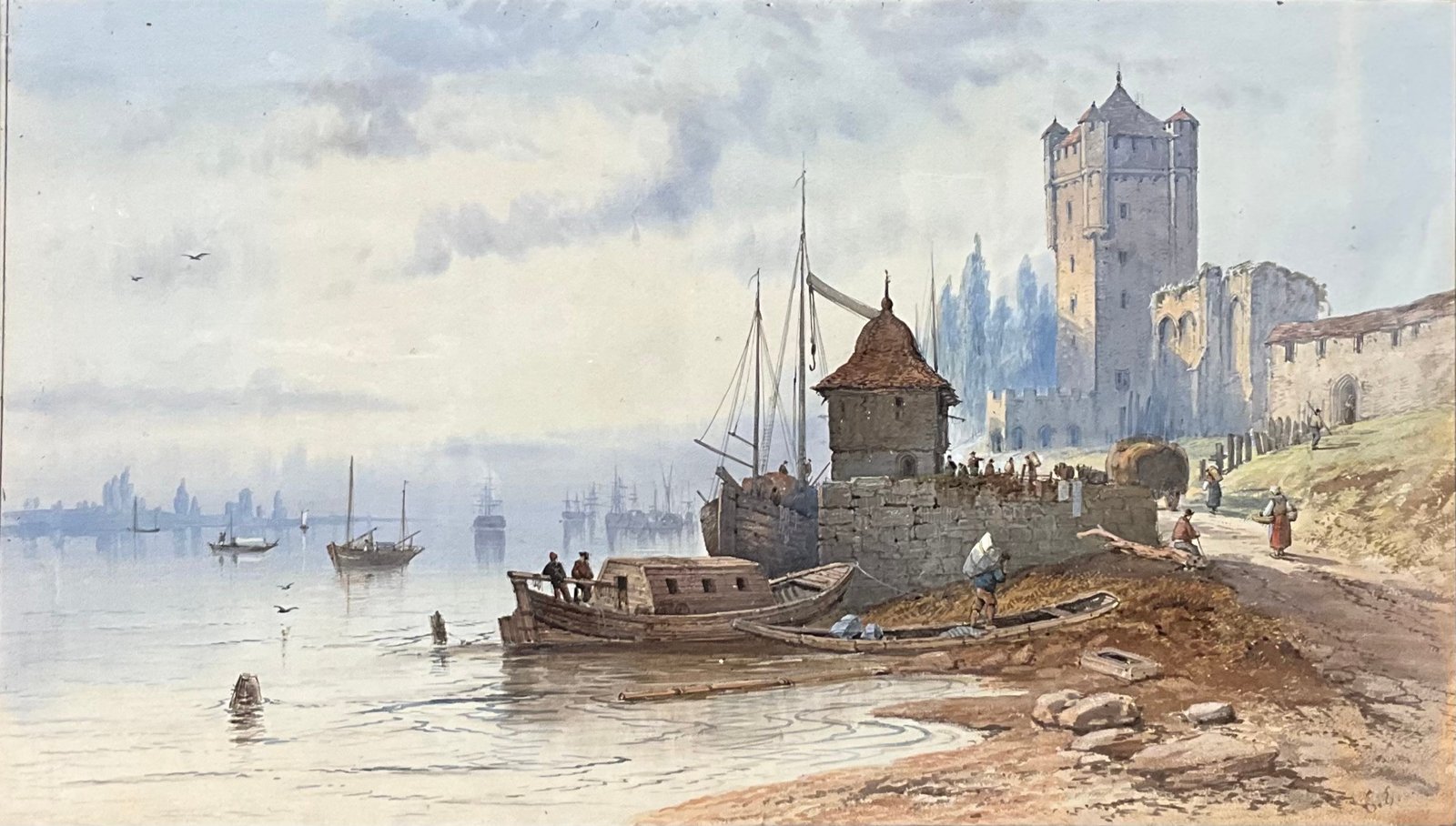 Coppia di vedute portuali, Scuola Continentale (XIX secolo) - 68,5x119,5 cm - immagine 4